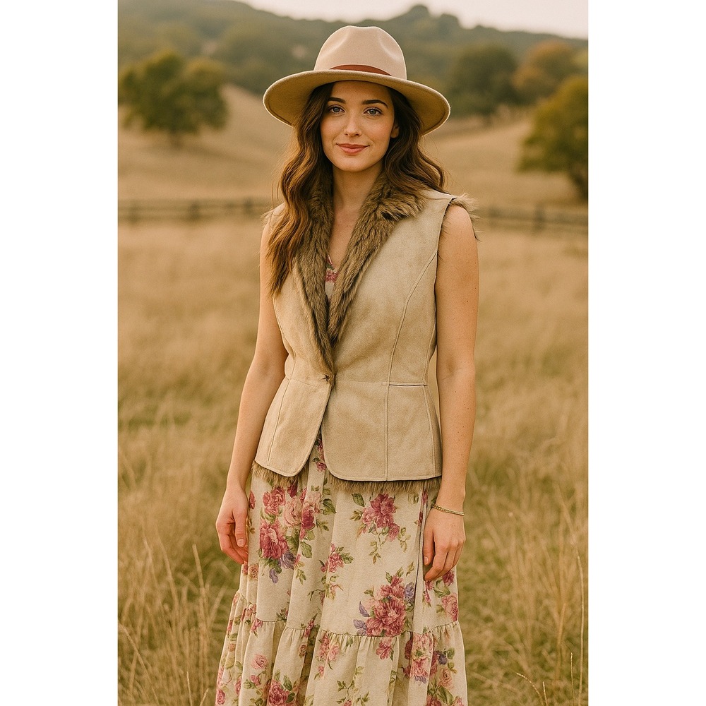 Boho Western Coastal Cowgirl Rodeo Prairie M Tan Faux Suede & Fur Vest Layering